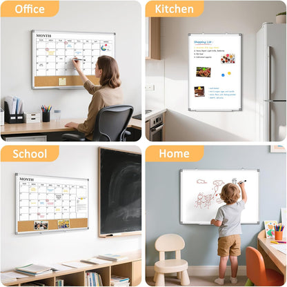 Dry Erase Calendar Whiteboard for Wall, 24"x18" Magnetic Monthly White Board Cork Board Combo, Double Sided, Aluminum Frame, Wall Hanging Wipe Board for Home, Office, School, Dorm
