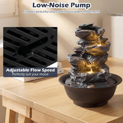 Giantex Tabletop Water Fountain with Warm LED Light, Tiered Rock Waterfall with Pump, Zen Meditation Desktop Decor for Office, Home Relaxation