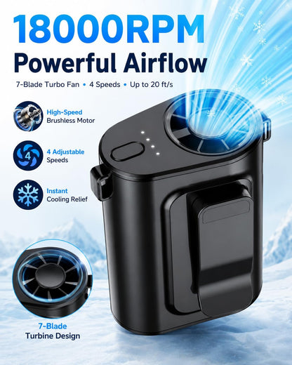 Portable Waist Fan, Ultra Lightweight Wearable Clip On Fan for Shirt, Mini Personal Neck Fan for Travel, Hands Free Belt Fan with Strong Airflow, Rechargeable Small Body Fan for Women & Men