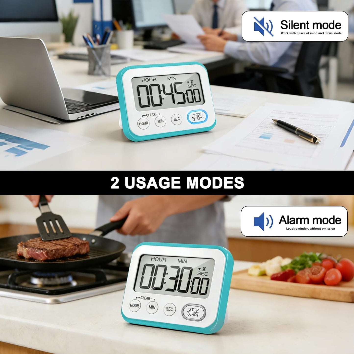 Digital Kitchen Timer Magnetic Loud Alarm, Large LCD Screen Silent/Beeping Multi-Function for Teachers Classroom Kids, Black