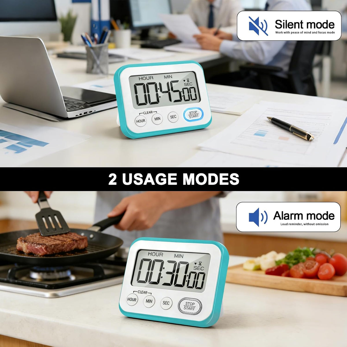 Digital Kitchen Timer Magnetic Loud Alarm, Large LCD Screen Silent/Beeping Multi-Function for Teachers Classroom Kids, Black