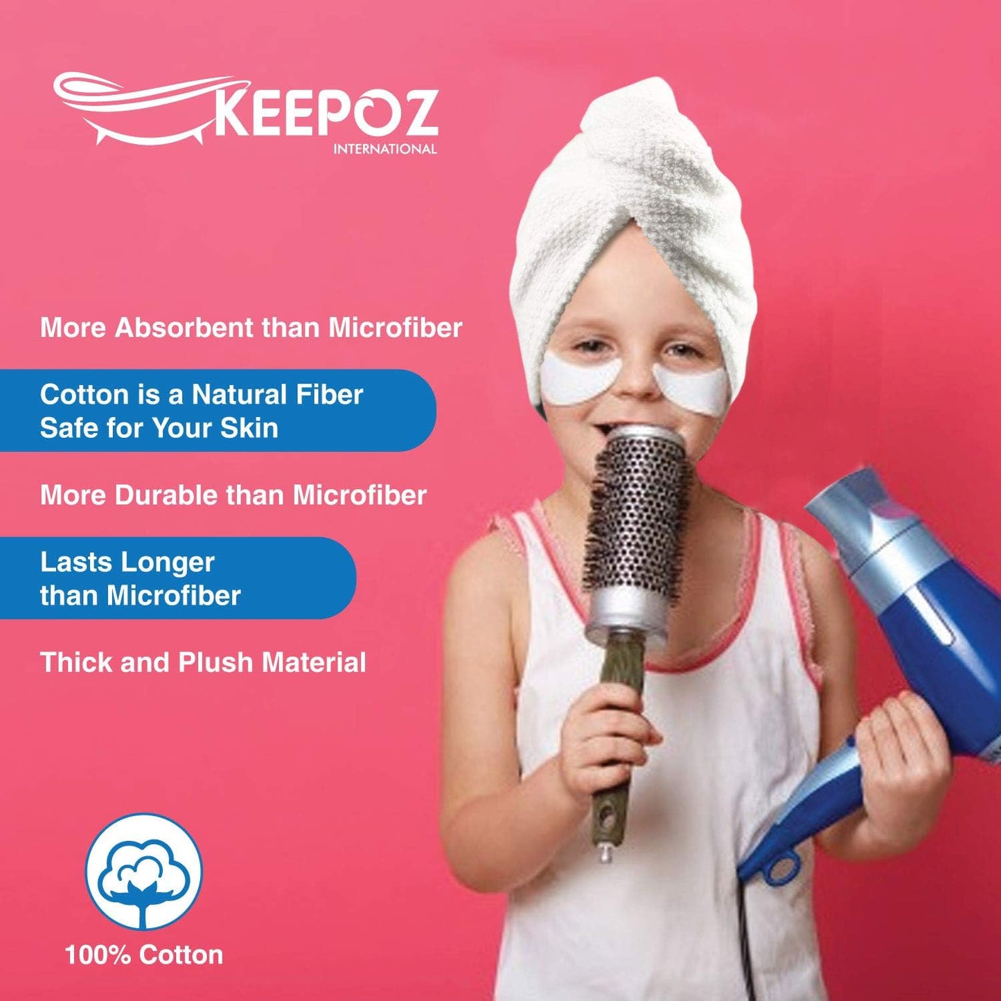 KEEPOZ 100% Cotton Hair Towel Wrap Quick Dry Super Absorbent Turban Head Wrap for Women with Button, Anti Frizz, Hair Cap for Curly, Long & Thick Hair (White, 1 Pc)