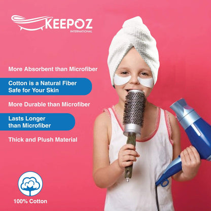 KEEPOZ 100% Cotton Hair Towel Wrap Quick Dry Super Absorbent Turban Head Wrap for Women with Button, Anti Frizz, Hair Cap for Curly, Long & Thick Hair (White, 1 Pc)