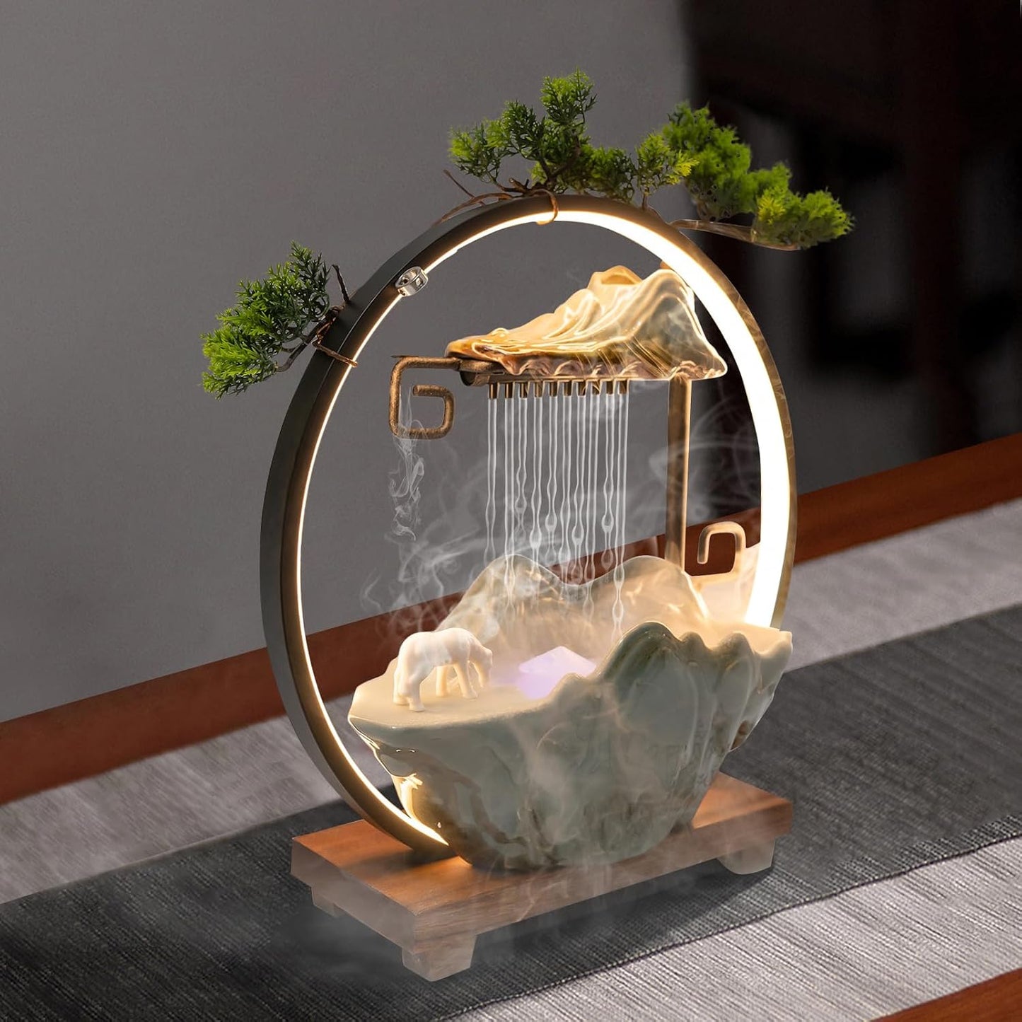 Mini Artificial Bonsai Tree Waterfall Fog Feature Rock Tabletop Fountain | 11in Desktop Decor Waterfall Fountain W/ Water Pump& Atomizer&LED Lights &Fake Tree Office Bedroom Relax