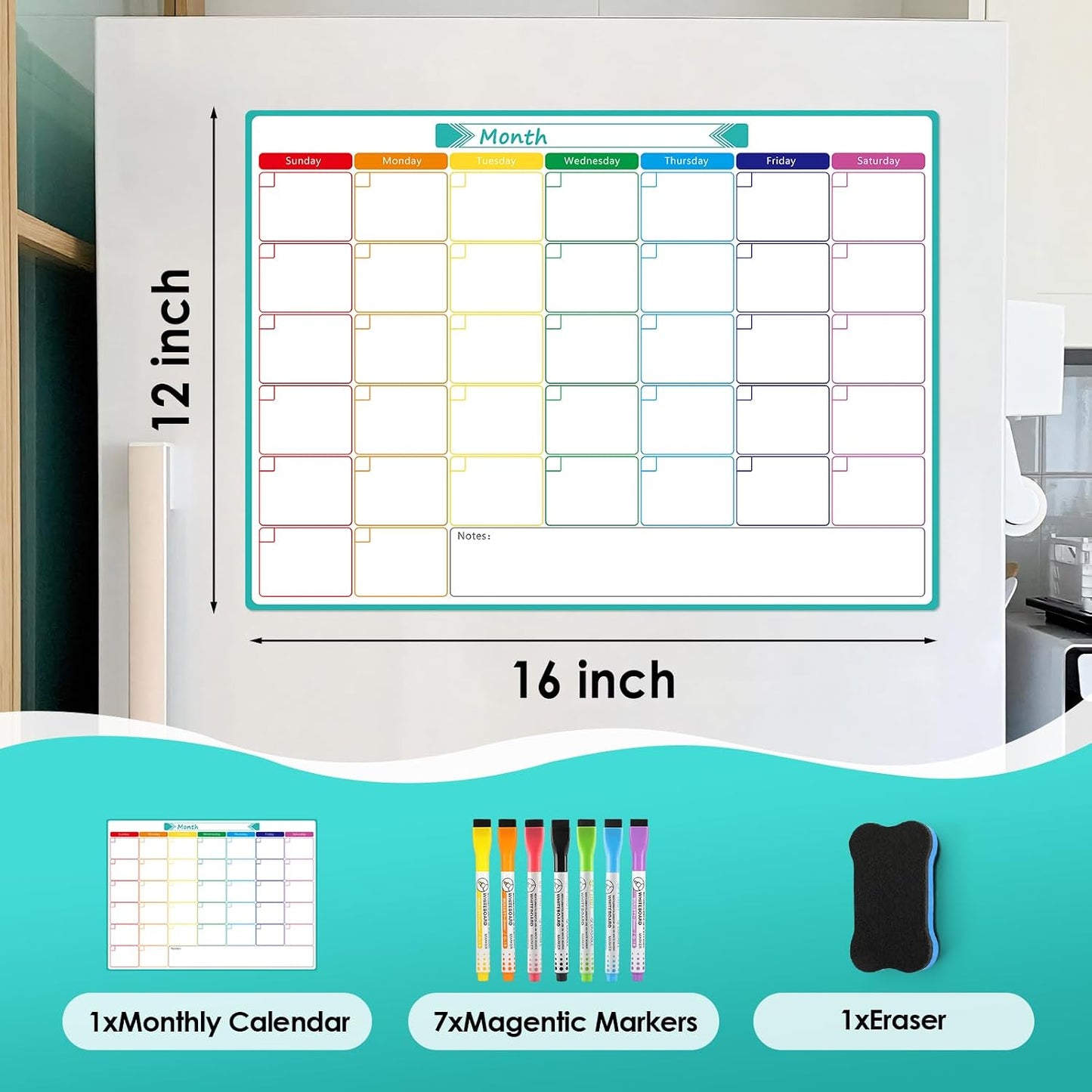 MaxGear Weekly Dry Erase Board for Fridge, 16"x12" Magnetic Calendar | Strong Magnetic, Smooth Writing and Effortless Erasing, Stain Resistant without any Stains with 7 Markers and 1 Eraser