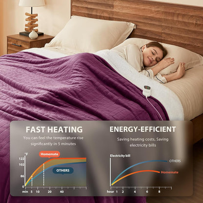 Homemate Electric Heated Blanket Twin - 62"x84" Heating Bed Blankets Throw with 10 Heating Levels 8 Hours Auto Off Fast Heating Over-Heated Protection Ultra Soft Warm Flannel ETL Certified Grey - Colors A