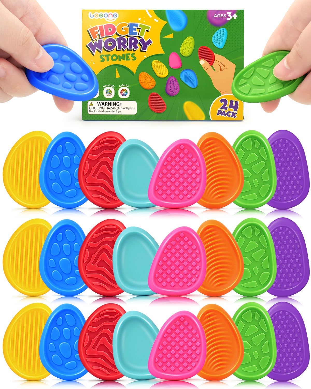 Fidget Toys Sensory Stone for Kids: 24 Pack Textured Worry Stones for Adults - Bulk Fidgets for Classroom Prizes Goodie Bag Stuffers - Quiet ADHD Tools for Autism - Back to School Supplies Gifts