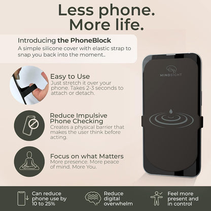 Mindsight PhoneBlock to Reduce Compulsive Phone Checking | Silicone screen cover w/ elastic strap fits most iPhones & Samsungs | Promotes Mindful Phone Use | Home, Office, Outdoors | Less Phone, More Life