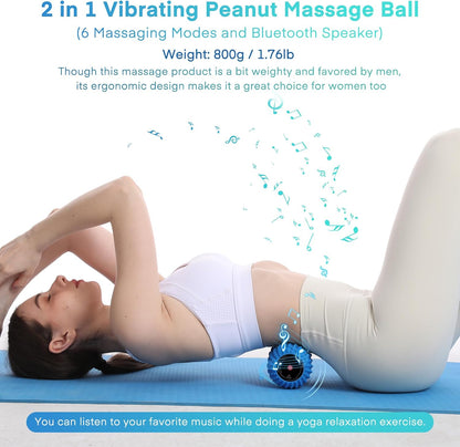 2 in 1 Vibrating Peanut Massage Ball with 6 Massaging Modes and Bluetooth Speaker, Rechargeable Vibrating Massage Yoga Roller Ball for Muscle Recovery, Orange