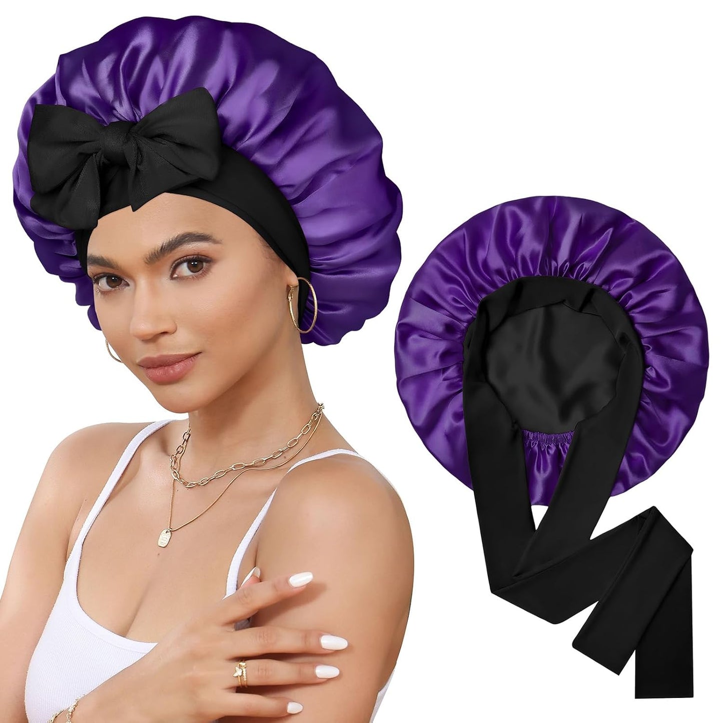 Satin Bonnet for Sleeping Cap Double Layer Hair Bonnet with Elastic Tie Band for Curly Hair Night Cap (Bean Paste + Pink)