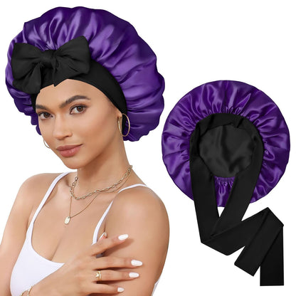 Satin Bonnet for Sleeping Cap Double Layer Hair Bonnet with Elastic Tie Band for Curly Hair Night Cap (Bean Paste + Pink)