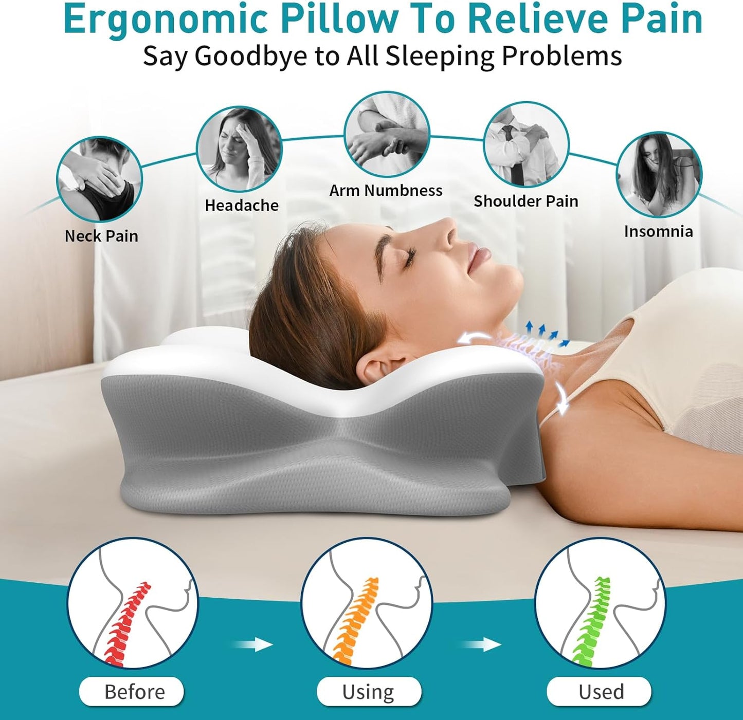 Cervical Pillow for Neck Pain Relief, Ergonomic Neck Pillow for Sleeping, Contour Pillow for Neck Support, Memory Foam Pillows for Reading & Bed Rest Pillows for Side Back Stomach Sleepers(White&Grey)