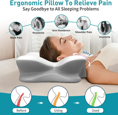 Besyodo Cervical Neck Pillow for Pain Relief - Ergonomic Memory Foam Pillow for Sleeping, Contour Side Sleeper Pillow for Neck Support, Orthopedic Pillow Bed Pillow for Back Stomach Sleepers(Grey)