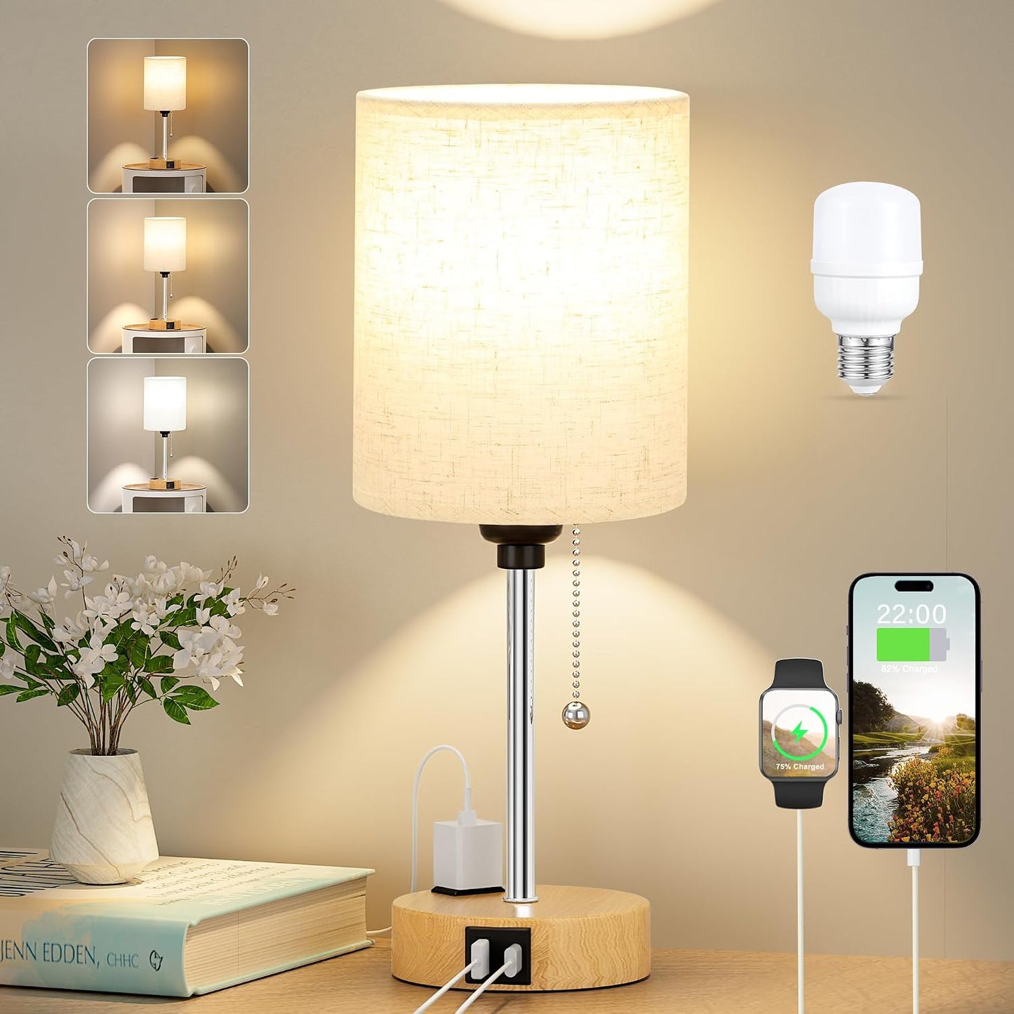 Small Bedside Table lamp for Bedroom - 3 Color Temperatures Bedside Lamps with USB C and A Ports, Pull Chain Table Lamps with AC Outlet, White Nightstand Lamps with Black Metal Base for Kids Reading
