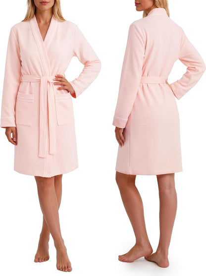 Cotton Blend Lightweight Waffle Robe for Women Knee-Length Soft Bathrobe