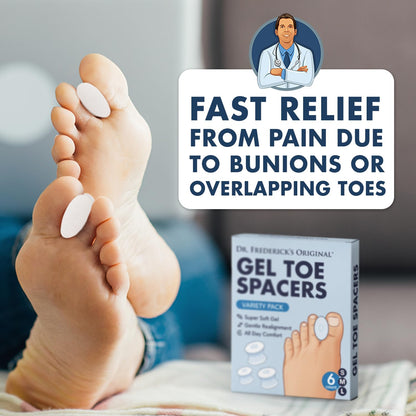 Dr. Frederick’s Original Gel Toe Separators - 6 ct - Soft Bunion Spacers for Overlapping Toes, Gentle Alignment & Foot Pain Relief - Toe Cushion Spacers for Women & Men - Washable & Reusable - Large