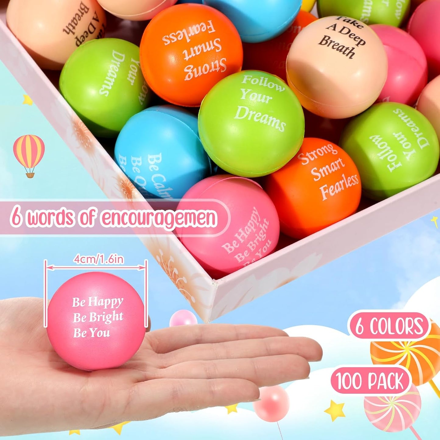 Jenaai 100 Pcs Motivational Fidget Balls, Inspirational Gifts, 6 Colors