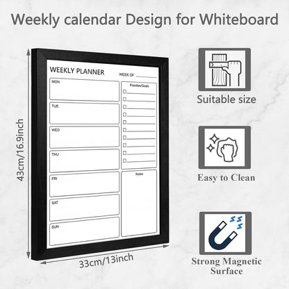Dry Erase White Board Weekly Calendar Board, Magnetic Whiteboard for Wall,10.6“x14.7 Solid Wood Rustic Brown Framed Message Board, Planner Board for Office, Home, Schooll(Weekly-BB-RB-2737)