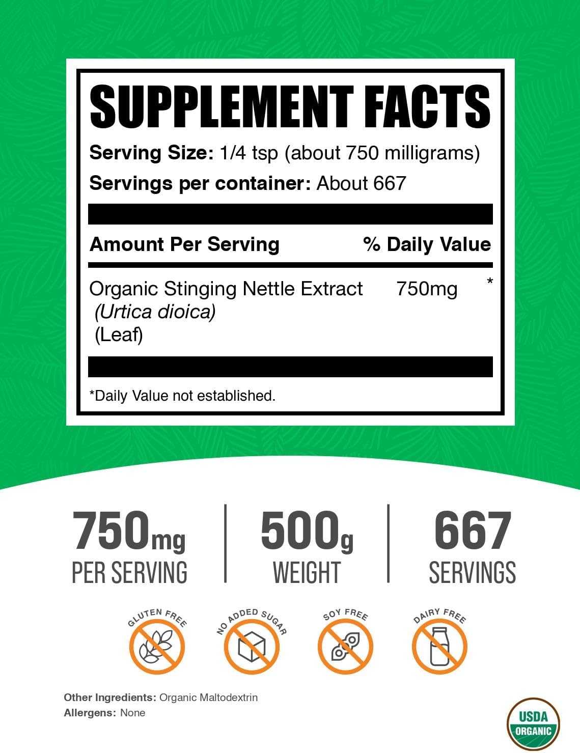 BulkSupplements.com Organic Stinging Nettle Extract Powder - Nettle Leaf Extract, Herbal Supplement - Vegan & Gluten Free, 750mg per Serving, 500g (1.1 lbs) (Pack of 1)
