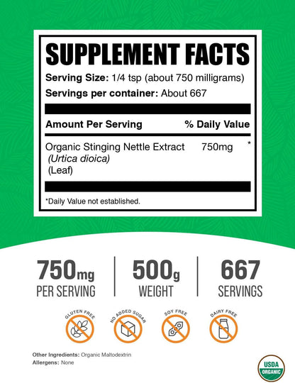 BulkSupplements.com Organic Stinging Nettle Extract Powder - Nettle Leaf Extract, Herbal Supplement - Vegan & Gluten Free, 750mg per Serving, 500g (1.1 lbs) (Pack of 1)