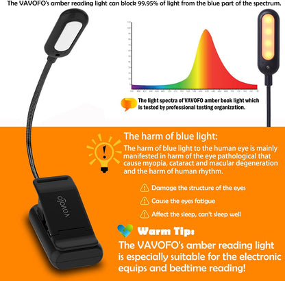 VAVOFO Amber Rechargeable Reading Light, Blue Light Blocking Book Light, 7 LEDs Eye Care 9 Colors 9 Brightness Clip On for Kids Bookworms Reading in Bed with Power Indicator Lasting 70h (Black)