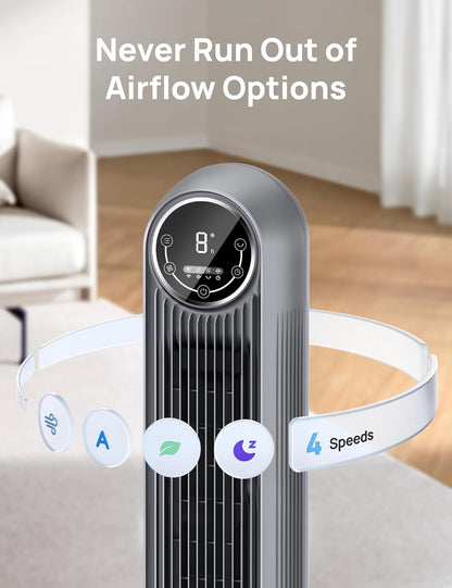 DREO Tower Fan for Bedroom, 2026 Upgraded DC Motor, 28ft/s High Velocity, 20dB Ultra Quiet Standing Fan, 8 Speeds 4 Modes, 90° Oscillating Bladeless Fan for Indoors, Floor Fans with Remote, Black