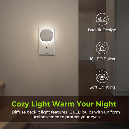 AUVON 4 X Plug-in LED Backlit Night Light with Motion & Dusk to Dawn Sensor | 2200K Soft Warm White Nightlight with 1-50lm Dimmable Brightness for Adults & Kids' Bedroom, Bathroom, Hallway
