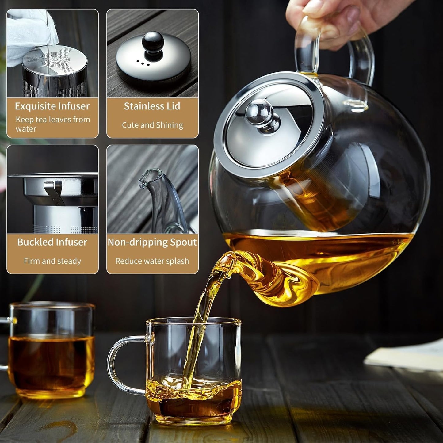 Glass Teapot with Removable Infuser, 20 oz/600ml Glass Tea Pot Small Borosilicate Tea Steeper Kettle with Loose Leaf Tea Strainer For Flower Blooming Tea, ClearTea Maker Pitcher