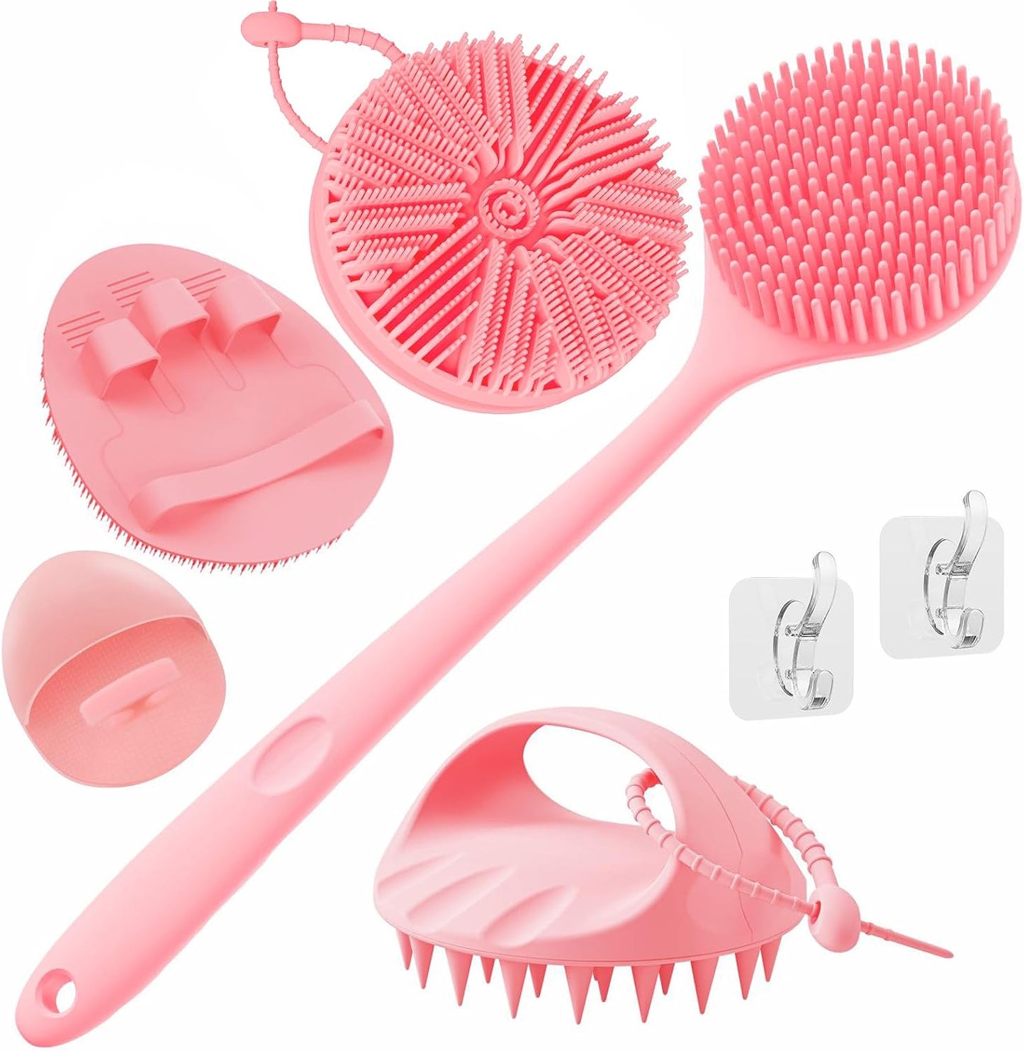 Manmihealth Silicone Back Scrubber & Soft Bath Glove, Silicone Scalp Massager Set 5 PCS, Super-Exfoliating Body Scrubber Shower Brush & Shampoo Brush Combination, with 2 Free Hooks (Style 1 Black)