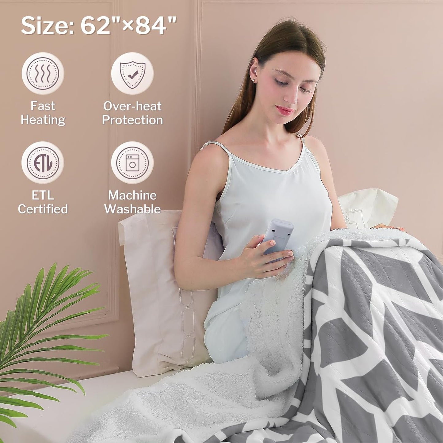 VENTIMI Electric Blanket Heated Throw, 50" x 60" Heated Blanket with 5 Heat Levels & 3 Hours Auto Off, Fast Heating Blankets with ETL & FCC Certification, Grey