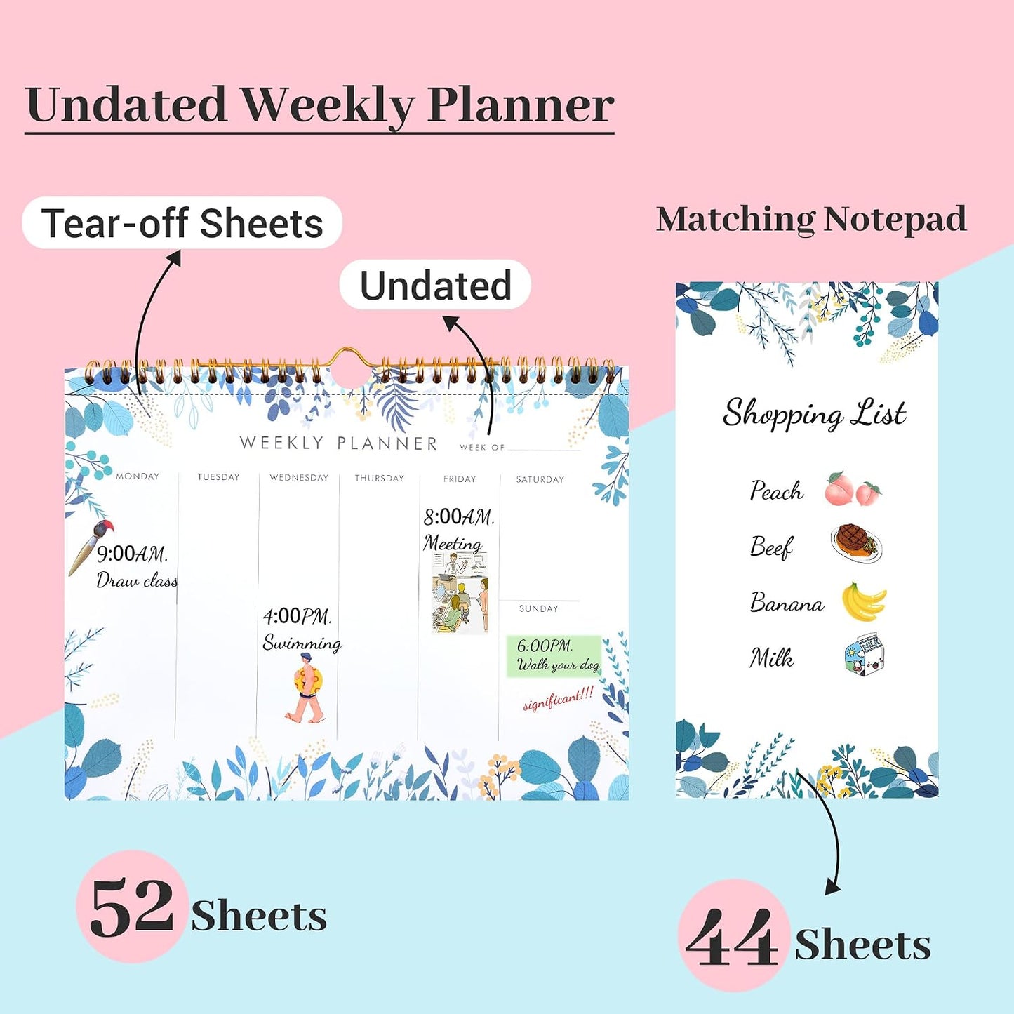 Weekly Planner Notepad Tear Off Set of 2 Weekly Calendar Pad 52 Undated To Do List Notepad Sheets Desk Planner Planning Pads Productivity Tracker for Work Goals Notes Schedule Ideas, Floral Blue