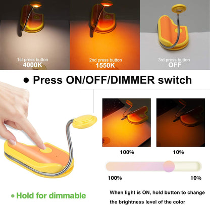 BIGMONAT Rechargeable Reading Light for Kids,Small Amber Book Light,Multi Colors Portable LED Reading Lamp with 361° Rotary Light Neck,Wireless Clip Reading Light for Books (White)