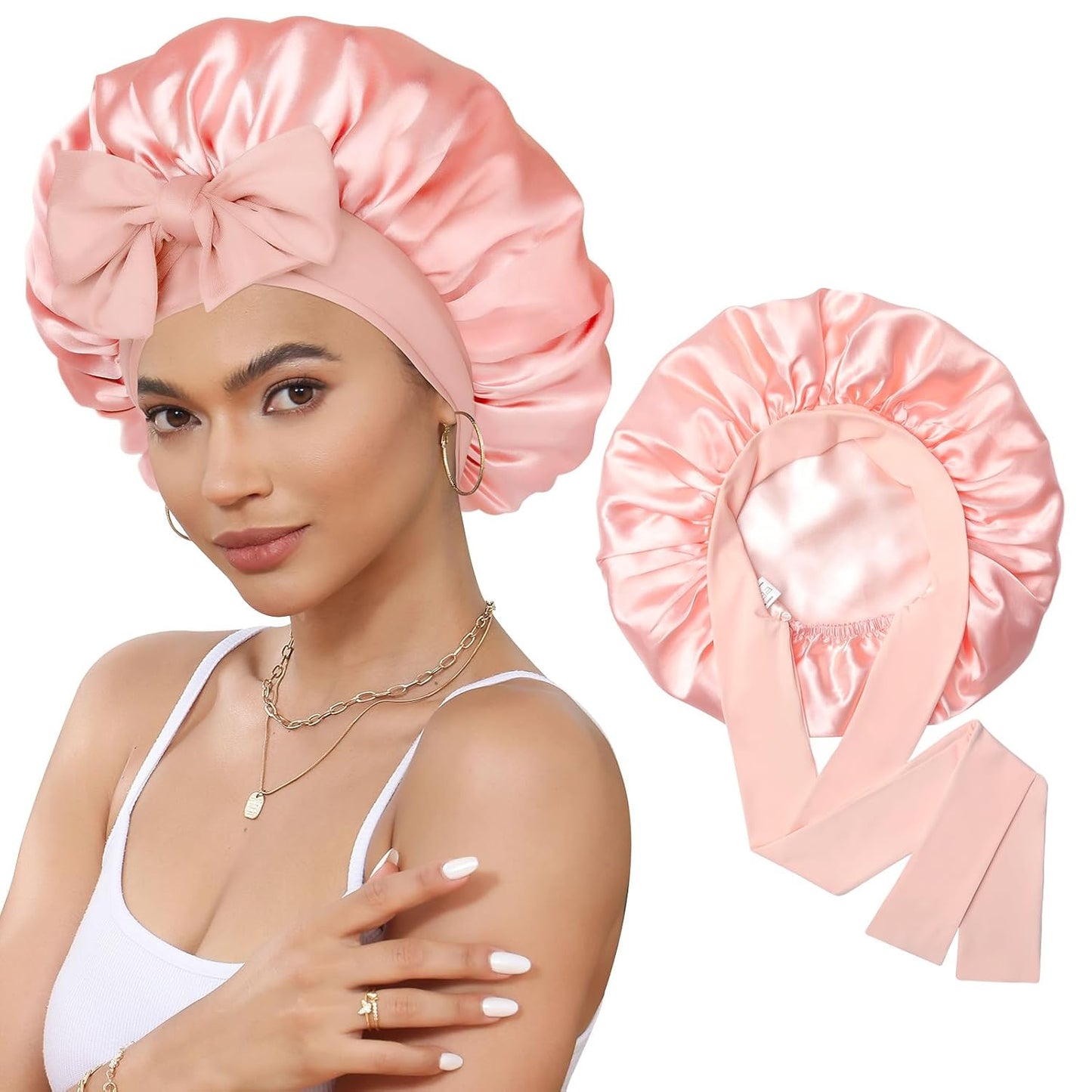 Satin Bonnet for Sleeping Cap Double Layer Hair Bonnet with Elastic Tie Band for Curly Hair Night Cap (Bean Paste + Pink)