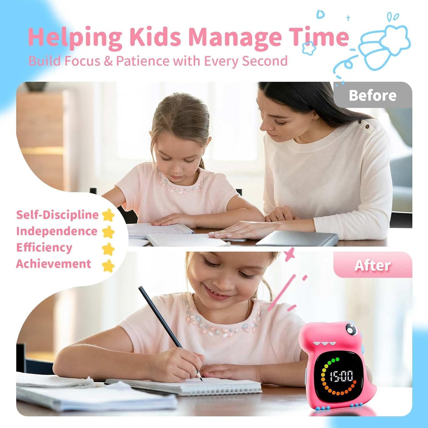 Visual Timer for Kids Light Blue Dinasuor Kids Timer Visual Led Rechargeable Toddler Timer Visual Countdown for Classroom Home Studing Playing
