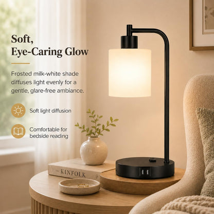 Set of 2 Industrial Touch Control Table Lamps with USB C+A Ports and AC Outlet - 3-Way Dimmable Black Bedside Lamps Nightstand Desk Lamps for Bedroom Living Room, Glass Shade & 2 LED Bulbs Included