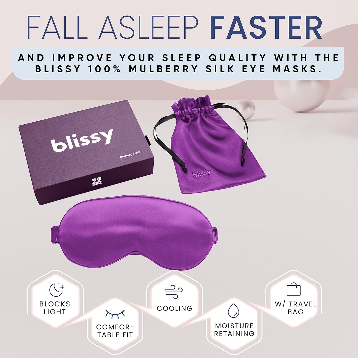 Blissy Silk Sleep Mask - Eye Sleeping Mask for Women & Men for Total Blackout - 100% Pure Mulberry Silk, 22 Momme 6a Fibers - Blindfold Sleep Mask Side Sleeper Eye Cover (Non Adjustable)
