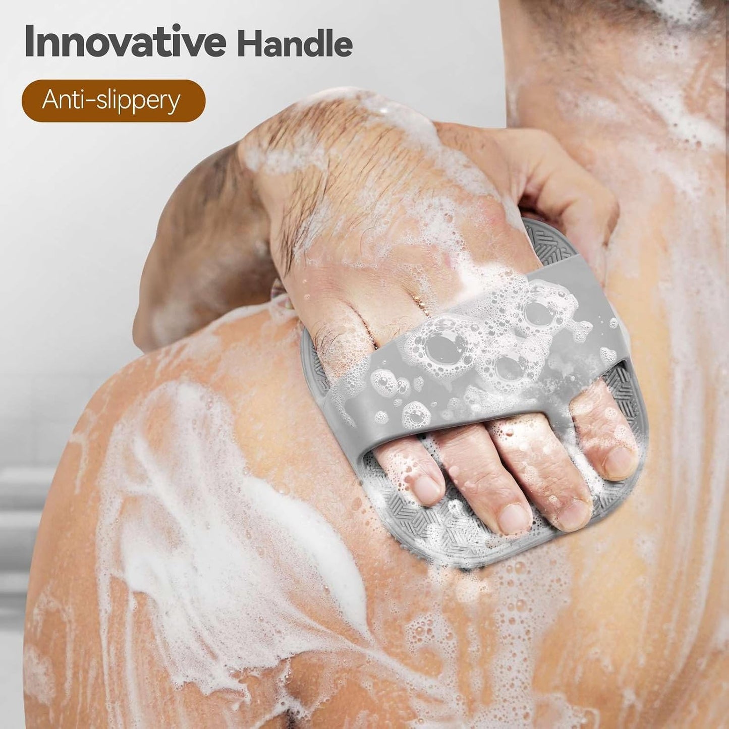Silicone Body Scrubber for Men Women, Friendly Shower Body Scrubber for Sensitive Skin, Silicone Loofahfor Showering with Richer Foam Bristles and Anti-Slippery Handle, Gray