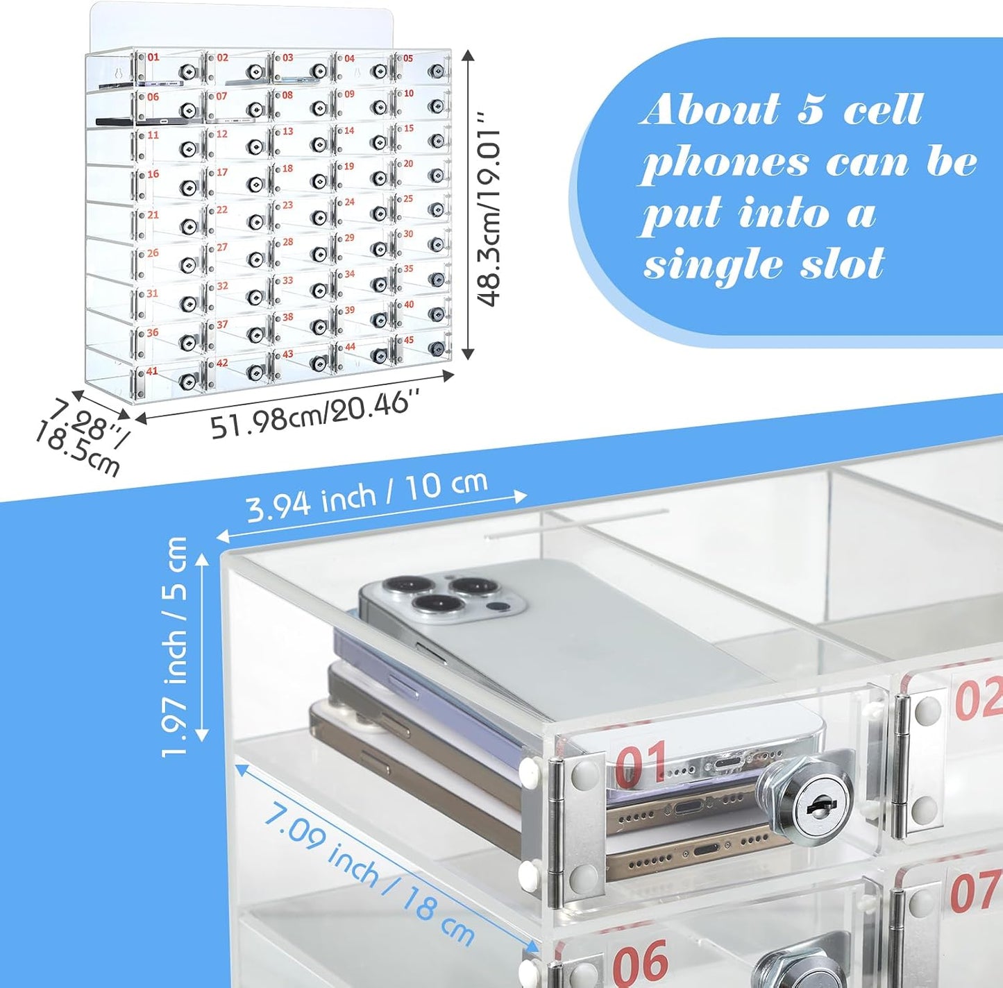 Threan 12 Slot Cell Phone Storage Box, Acrylic Clear Cell Phone Storage Cabinet Wall Mounted with Door, Locks and Keys for Office School Factory