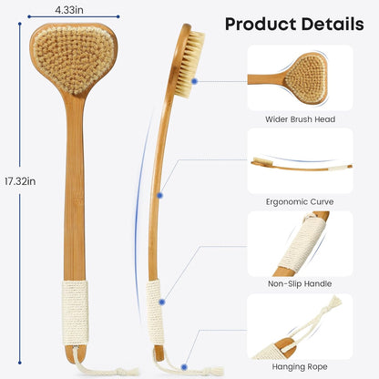 eaxun Bamboo Back Scrubber with Curved Long Handle, 17.3 Inches Exfoliating Shower Brush with Stiff Bristles for Men and Women, Back Washer Body Exfoliator for Bath or Dry Brushing