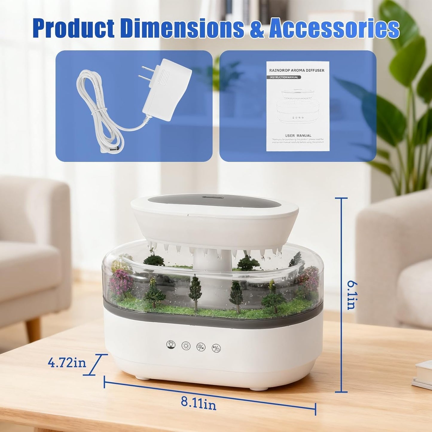 Raindrop Humidifier Diffuser, 250ml Raindrop Aroma Diffuser, LED Mood Light, Auto Off, Micro Landscape Natural Raindrop Cool Mist Humidifier for Bedroom/Yoga/Meditation(White)
