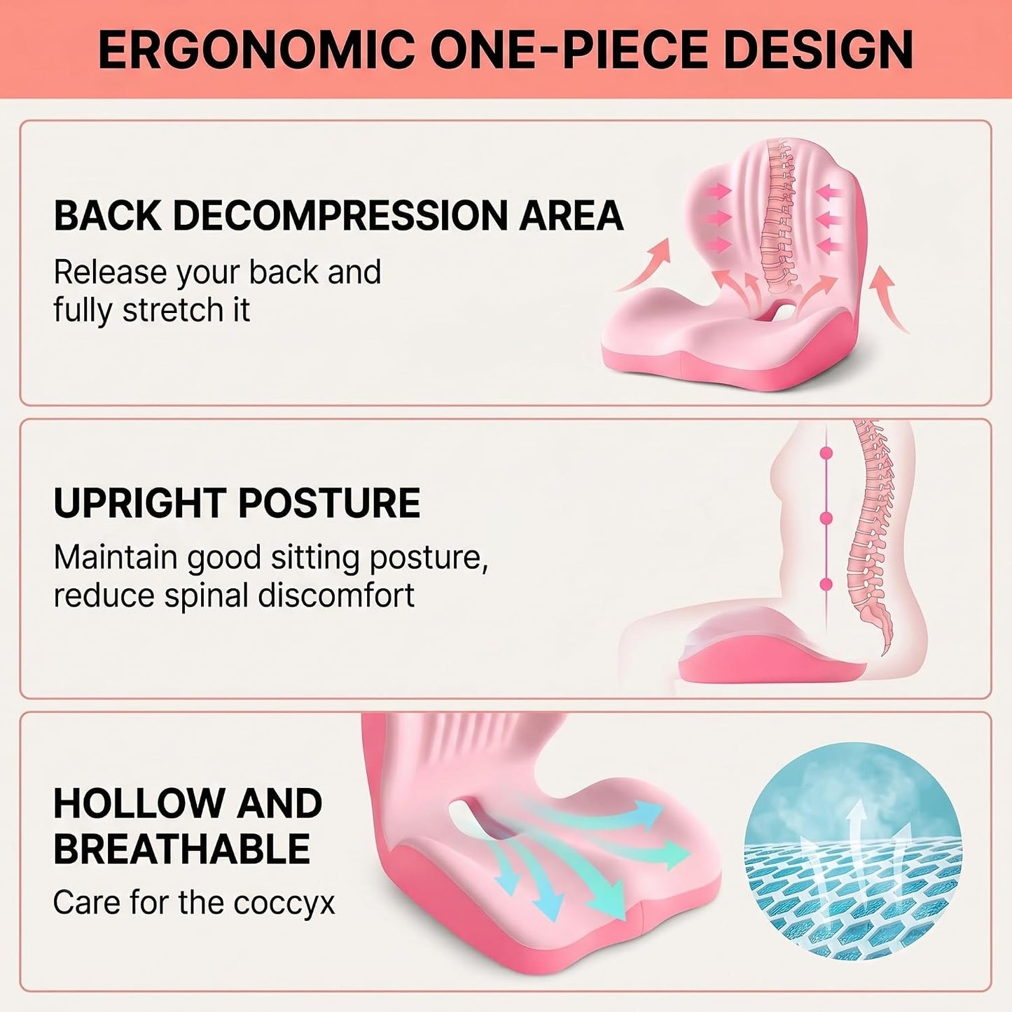 Ergonomic Waist Support and Seat Cushion, 2-in-1 Memory Foam Pad, Hollow Design for Coccyx, Suitable for Office Chairs, Car Safety Seats and Household Use - Relieves Lower Back and Hip Pain (Grey)