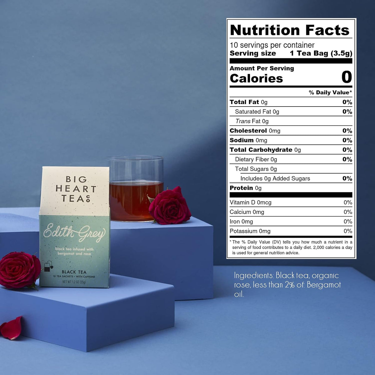 Big Heart Tea Co. Tea Bags - Edith Grey - Direct Trade Malawi Caffeinated Black Tea in Zero Plastic Sachets with Small Batch Organic Whole Herbs - Red Rose, Bergamot Oil, 20 Tea Bags