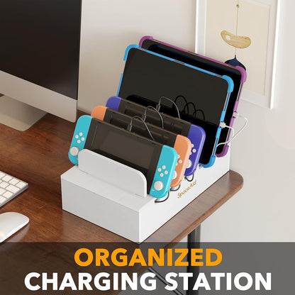 SpaceAid Bamboo Charging Station for Multiple Devices, Cell Phone Docking Stations for Multi Laptop, Tablets and iPads, Nightstand Bedside Desk Device Charger Organizer (Natural)