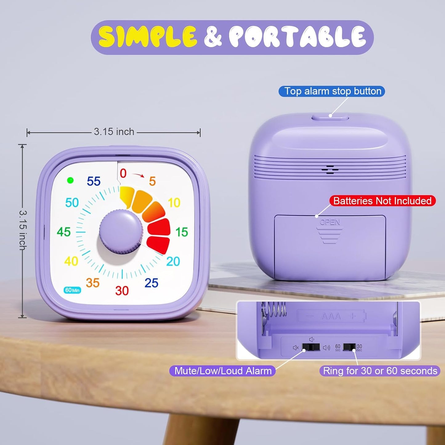 Shintrend 60 Minute Visual Timer with Colorful Dial, Pomodoro Timer for Kids and Adults, Silent Countdown Time Management Tool (Batteries Not Included)