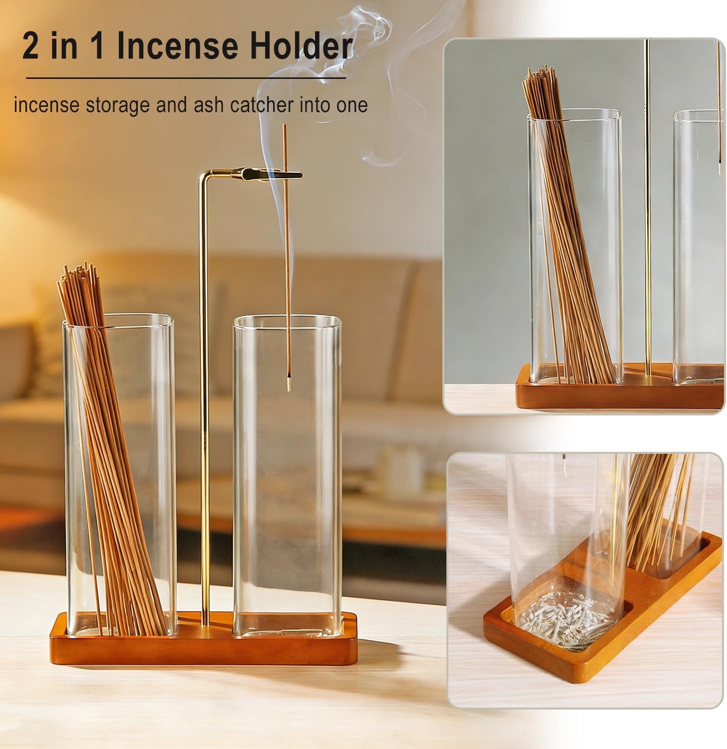 2 in 1 Incense Holder for Sticks, Anti-Ash Flying Incense Burne with Glass Ash Catcher and Incense Sticks Organizer for Meditation Yoga Spa Home Decor (Dark Base)