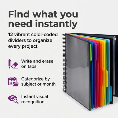 24 Pocket Spiral Project Organizer, File Folder with 12 Dividers, Letter