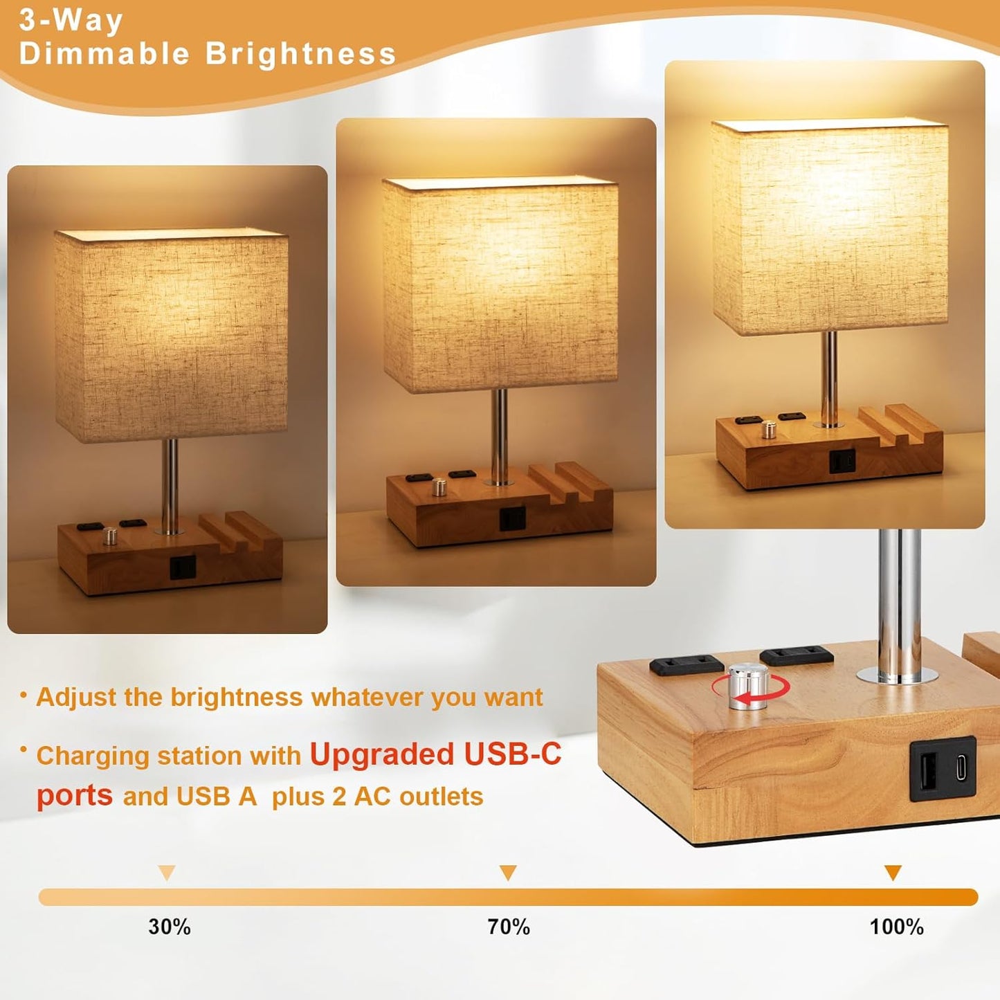 Kakanuo Fully Dimmable Nightstand Lamp for Bedroom with USB C Ports, Grey Small Bedside Table Lamp with Charging Outlets and Phone Stands, Wooden Desk Lamp for Living Room, LED Bulb Included