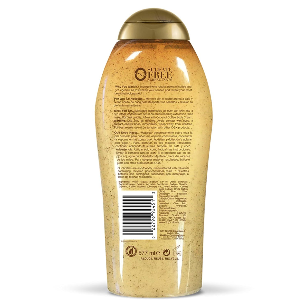 OGX Smoothing + Coconut Coffee Exfoliating Body Scrub with Arabica Coffee & Coconut Oil, Moisturizing Body Wash for Dry Skin, Paraben-Free with Sulfate-Free Surfactants, 19.5 Fl Oz, 2 Pack