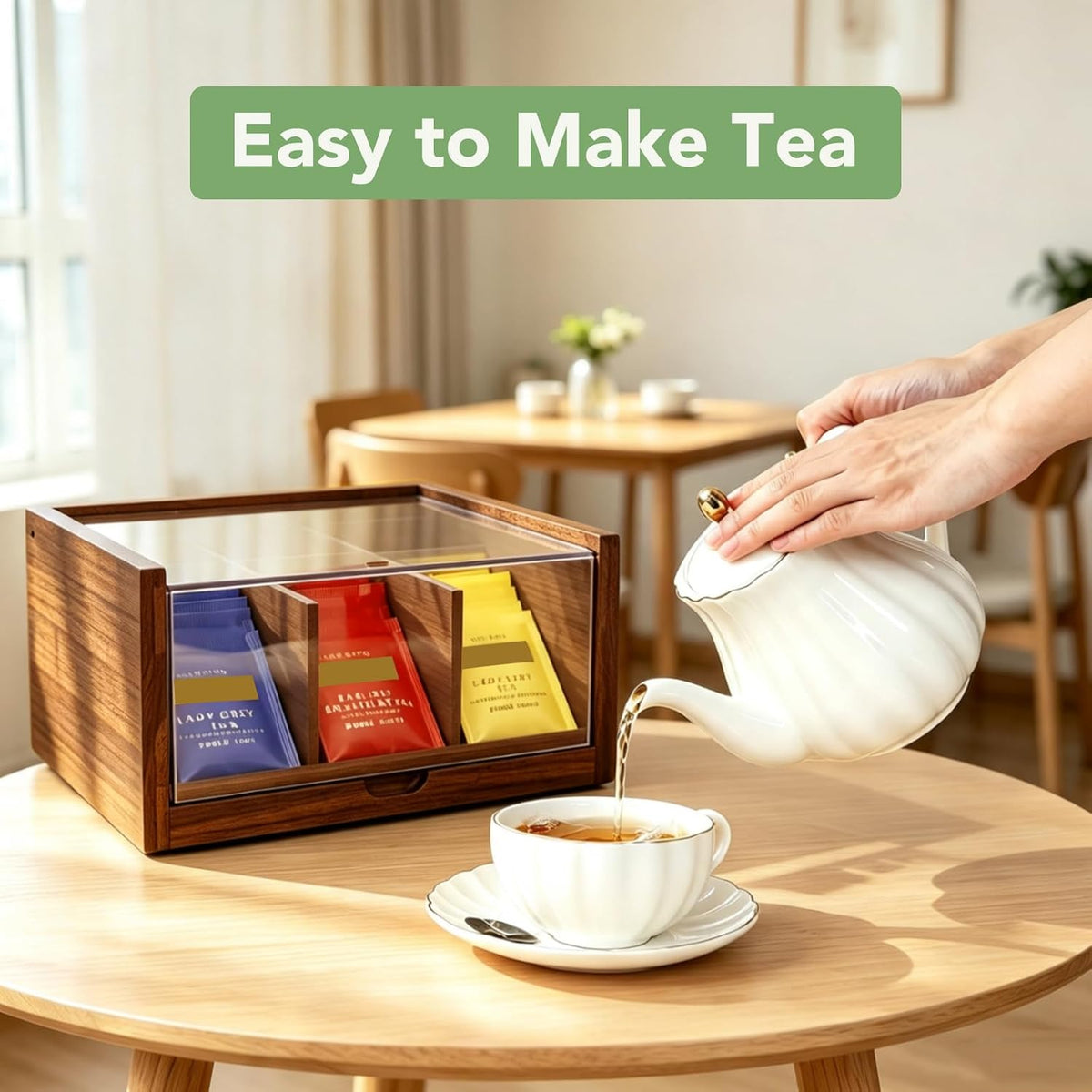 HTB Acacia Wood Tea Bag Organizer Storage Box with 6 Compartments