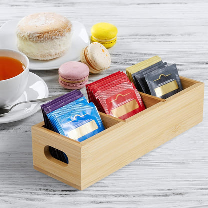 DRASTAR Tea Bag Organizer, Acacia Tea Bag Holder, Tea Storage Containers with 3 Slots, Wooden Tea Storage Accessories, Mini Tea Bag Caddy Box for Countertop
